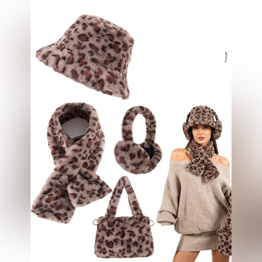 Leopard Faux Fur Winter 4 Pc Set Hat Scarf Earmuffs Bag Gift Set